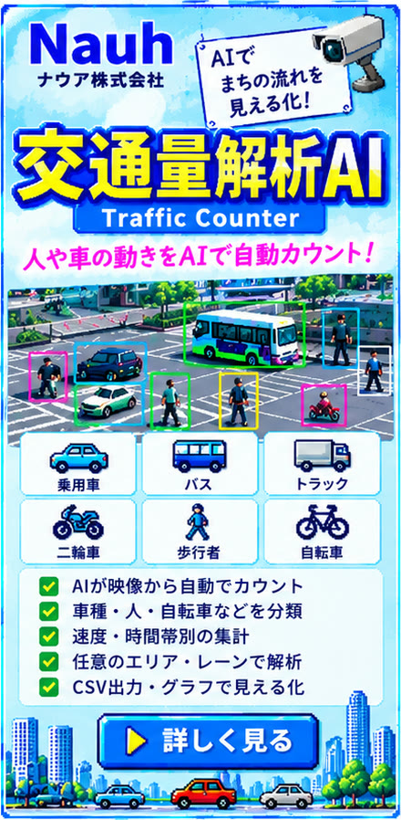 ナウア株式会社 交通量解析AI Traffic Counter。人や車の動きをAIで自動カウント