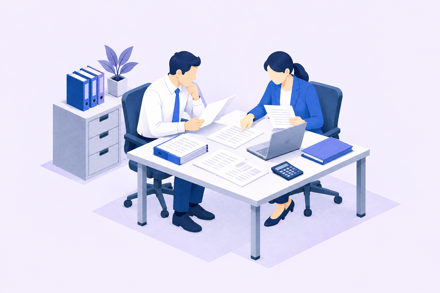 書類とパソコンを使って資料を分析する金融業務のイメージイラスト