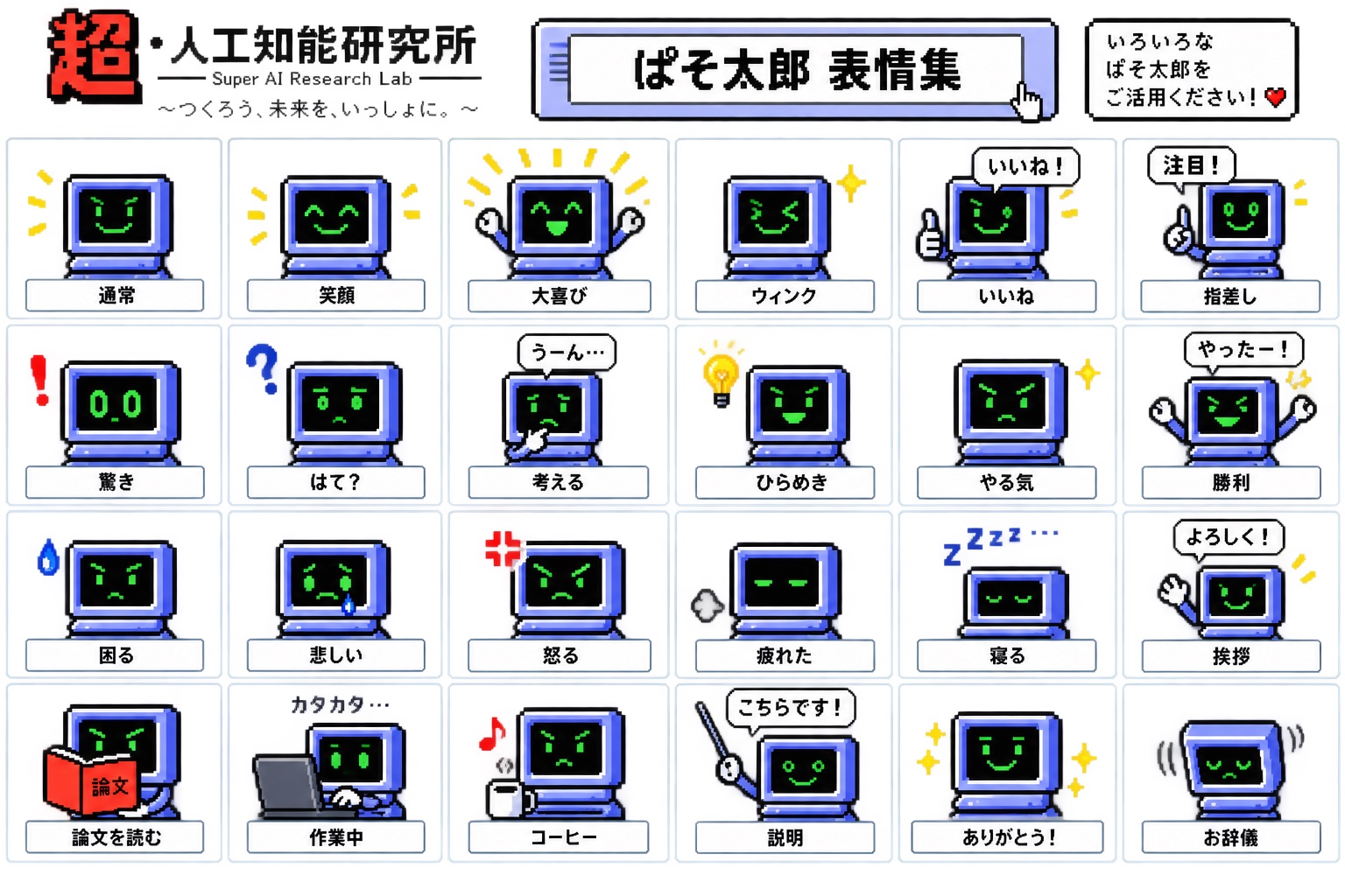 ぱそ太郎の表情集。通常、笑顔、大喜び、ウィンク、いいね、指差し、驚き、はて?、考える、ひらめき、やる気、勝利、困る、悲しい、怒る、疲れた、寝る、挨拶、論文を読む、作業中、コーヒー、説明、ありがとう!、お辞儀の24種類